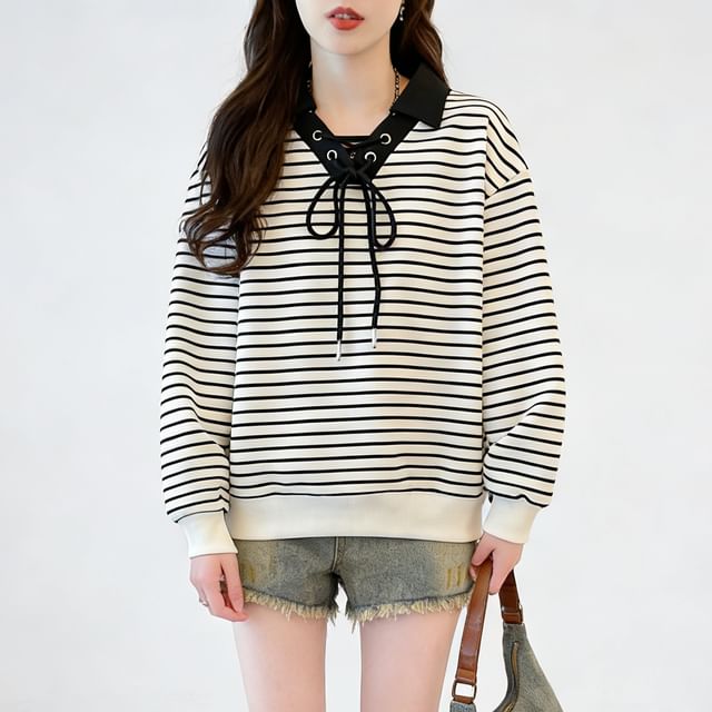 Contrast Collar Striped Lace-Up Sweatshirt