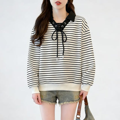 Contrast Collar Striped Lace-Up Sweatshirt