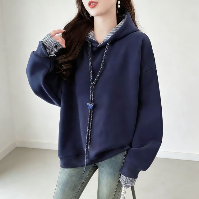 Faux Two-Piece Striped Drawstring Hooded Sweatshirt