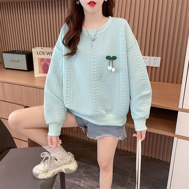 Crew Neck Jacquard Pompom Pullover