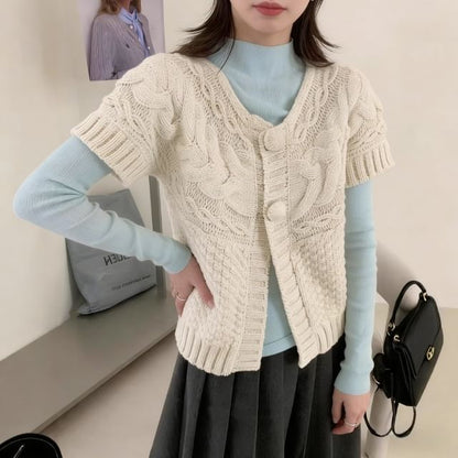 Cable Knit Short-Sleeve Button-Up Top