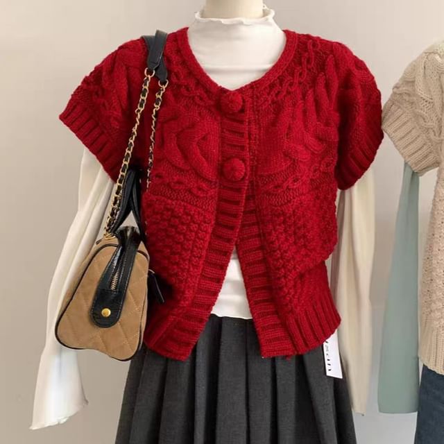 Cable Knit Short-Sleeve Button-Up Top