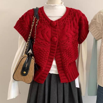 Cable Knit Short-Sleeve Button-Up Top