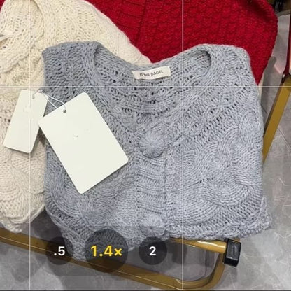 Cable Knit Short-Sleeve Button-Up Top