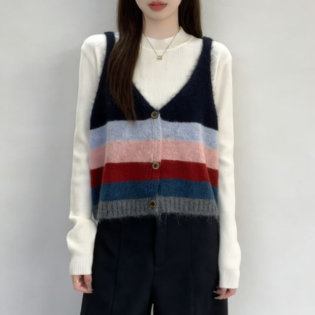 Striped V-Neck Button-Front Knit Camisole