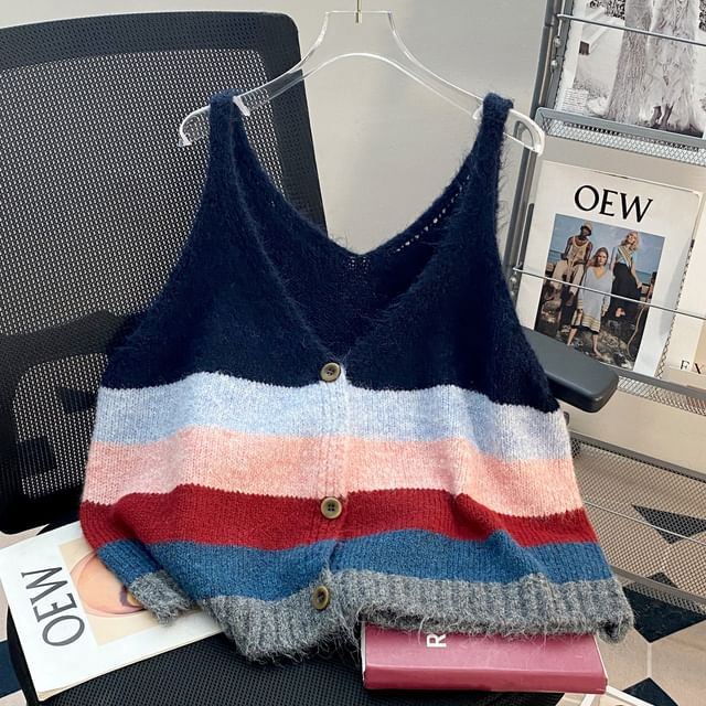 Striped V-Neck Button-Front Knit Camisole