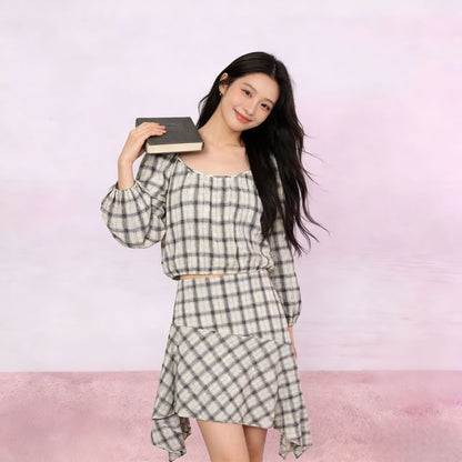 Plaid Crop Top & Asymmetrical A-Line Skirt Set