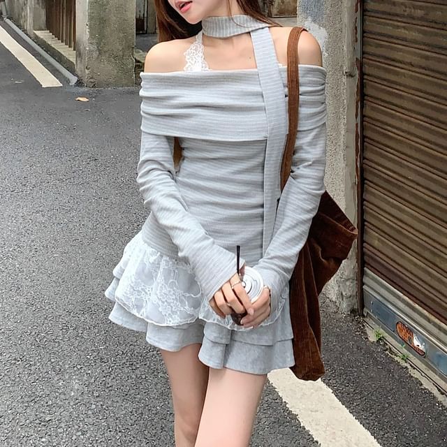 Long Sleeve Off Shoulder Pinstripe Tee with Scarf & Halter Lace Tank