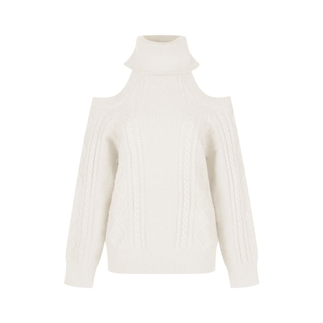 Cold Shoulder Turtleneck Solid Cable Knit Pullover