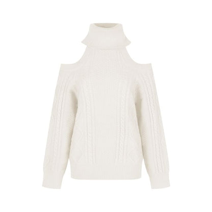 Cold Shoulder Turtleneck Solid Cable Knit Pullover