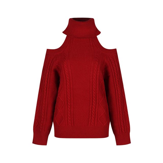 Cold Shoulder Turtleneck Solid Cable Knit Pullover