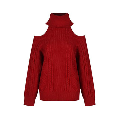 Cold Shoulder Turtleneck Solid Cable Knit Pullover