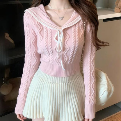Collared Contrast Trim Cable Knit Pullover