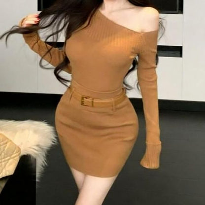 Extended Sleeve Off Shoulder Solid Sweater / Mid Rise Solid Mini Pencil Skirt