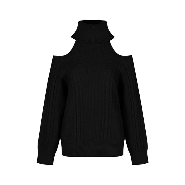 Cold Shoulder Turtleneck Solid Cable Knit Pullover