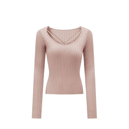 Extended Sleeve V-Neck Solid Ribbed Knit Top
