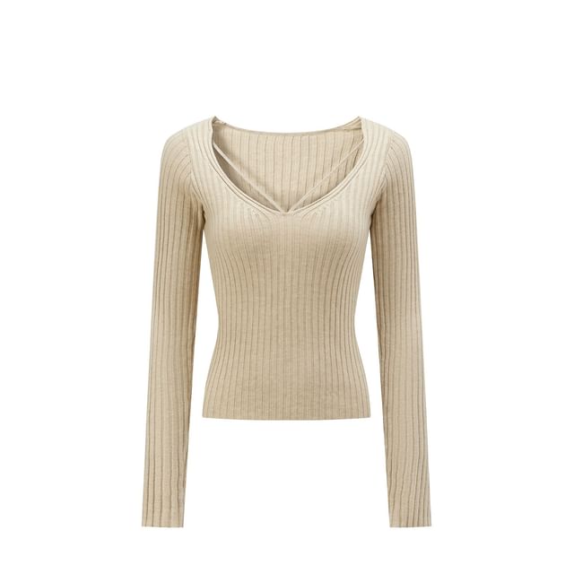 Extended Sleeve V-Neck Solid Ribbed Knit Top