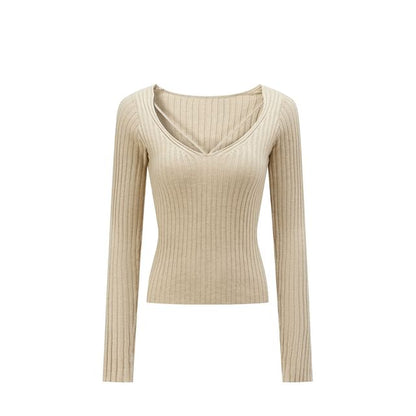 Extended Sleeve V-Neck Solid Ribbed Knit Top