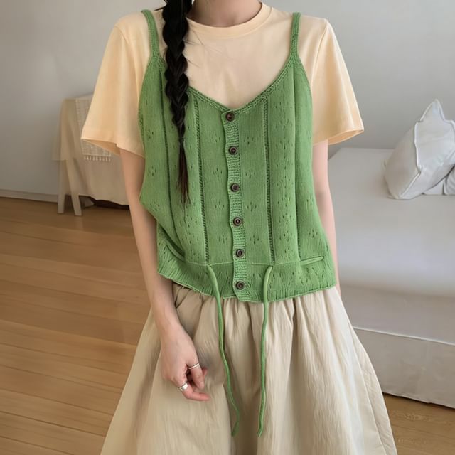 Pointelle Knit Button-Front Camisole