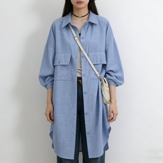 Striped Puff-Sleeve Button-Down Shirt