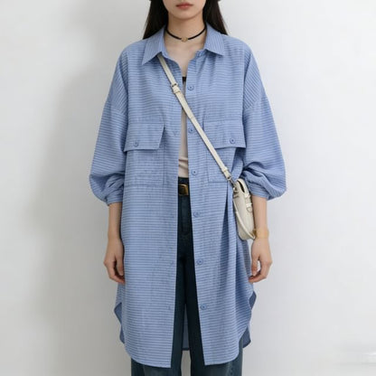 Striped Puff-Sleeve Button-Down Shirt