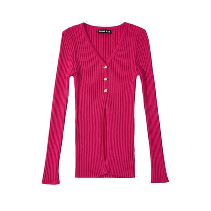 Extended Sleeve Deep V Solid Ribbed Split Knit Top
