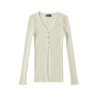 Extended Sleeve Deep V Solid Ribbed Split Knit Top