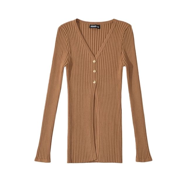 Extended Sleeve Deep V Solid Ribbed Split Knit Top