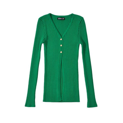 Extended Sleeve Deep V Solid Ribbed Split Knit Top