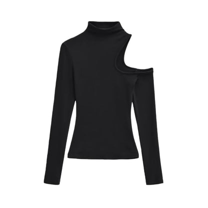 Extended Sleeve High Collar Solid Cutout Tee