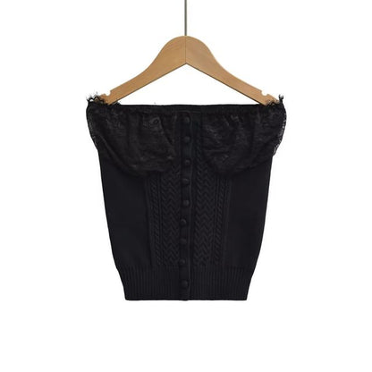 Knitted Panel Button Detail Strapless Top