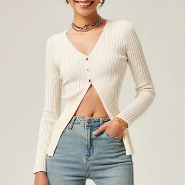 Extended Sleeve Deep V Solid Ribbed Split Knit Top