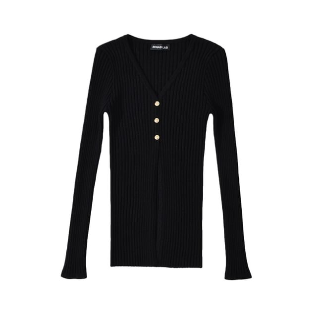Extended Sleeve Deep V Solid Ribbed Split Knit Top