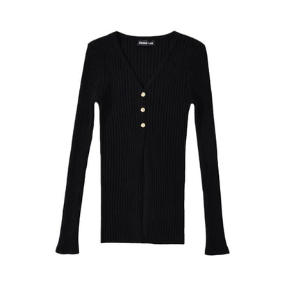 Extended Sleeve Deep V Solid Ribbed Split Knit Top