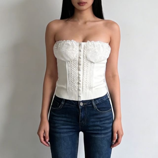 Knitted Panel Button Detail Strapless Top