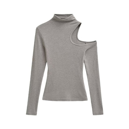 Extended Sleeve High Collar Solid Cutout Tee