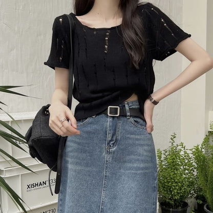 Distressed Crew Neck Short-Sleeve Knit Top