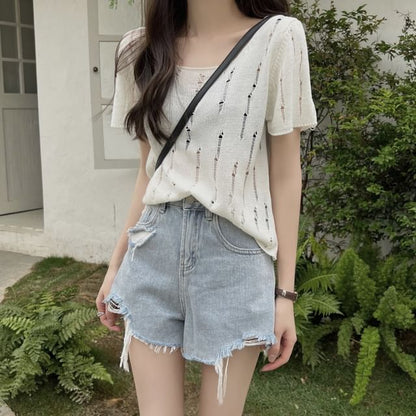 Distressed Crew Neck Short-Sleeve Knit Top