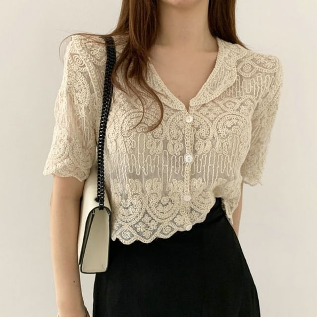 Crochet Lace Short-Sleeve Button-Up Top