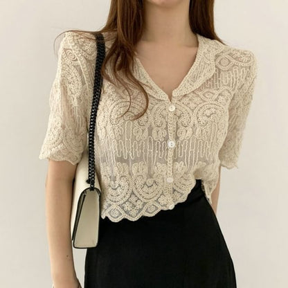 Crochet Lace Short-Sleeve Button-Up Top