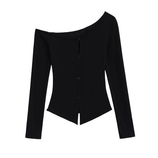 Long Sleeve Off-Shoulder Lace Cutout Button Crop Top