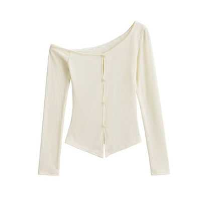 Long Sleeve Off-Shoulder Lace Cutout Button Crop Top