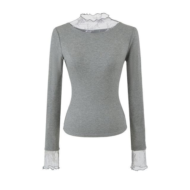 Long Sleeve Mock Neck Lace Slim T-Shirt