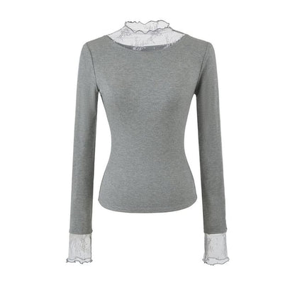 Long Sleeve Mock Neck Lace Slim T-Shirt