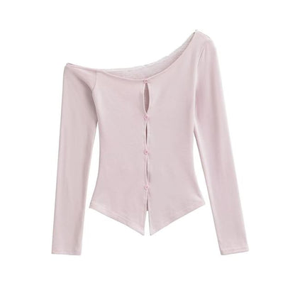 Long Sleeve Off-Shoulder Lace Cutout Button Crop Top