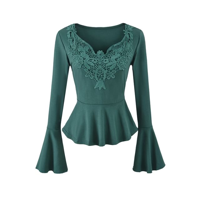 Long Sleeve V-Neck Lace Panel Peplum Tee