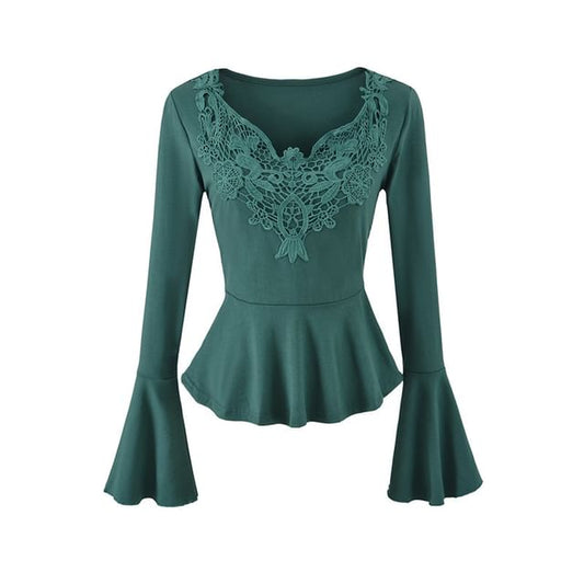 Long Sleeve V-Neck Lace Panel Peplum Tee