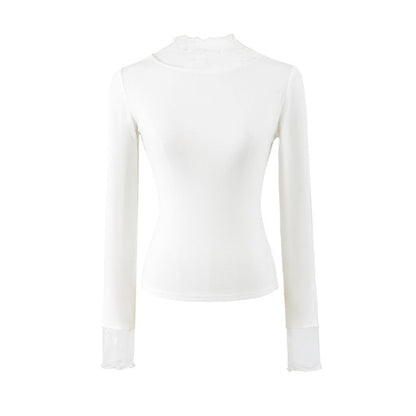 Long Sleeve Mock Neck Lace Slim T-Shirt
