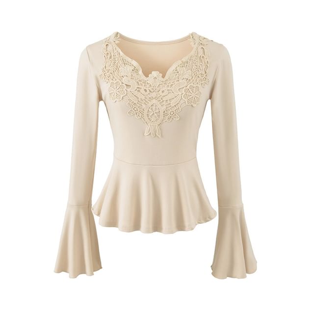 Long Sleeve V-Neck Lace Panel Peplum Tee