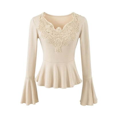 Long Sleeve V-Neck Lace Panel Peplum Tee